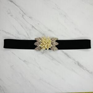 BCBGMAXAZRIA Faux Pearl Bow Black Stretch Belt S/M Cinch Waist Designer